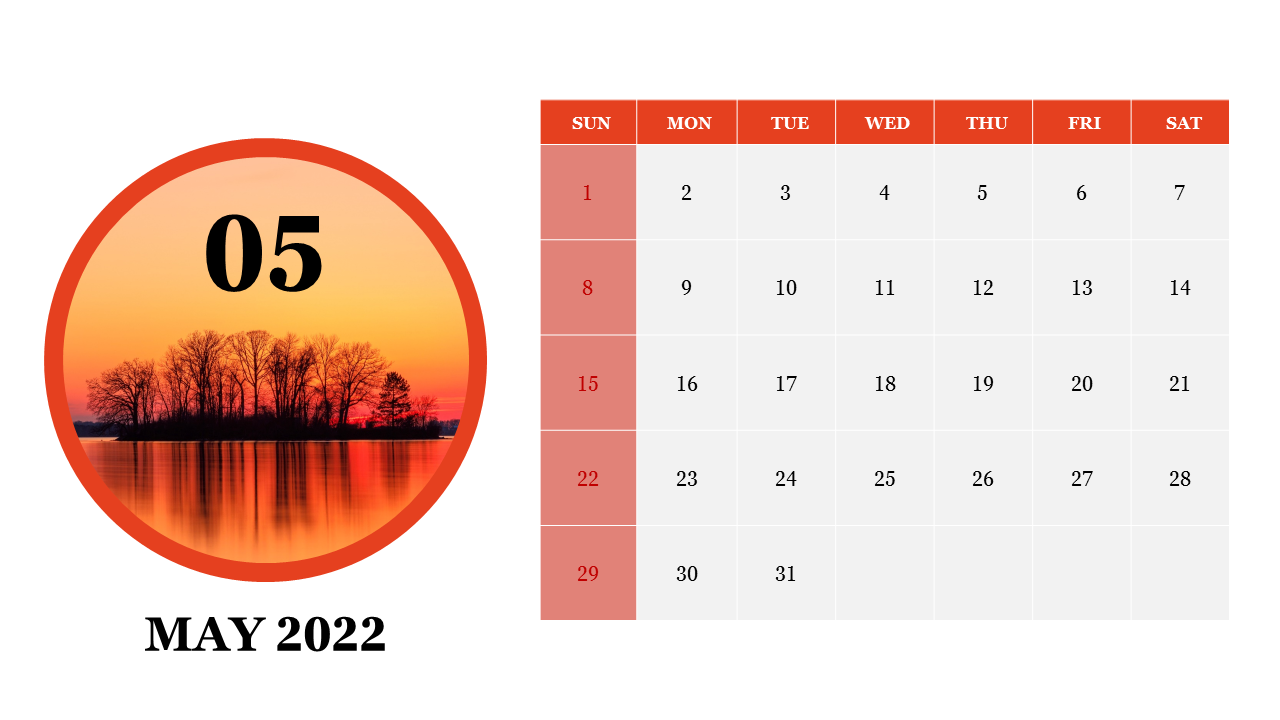 Editable Calendar PowerPoint Template May 2022 Slide